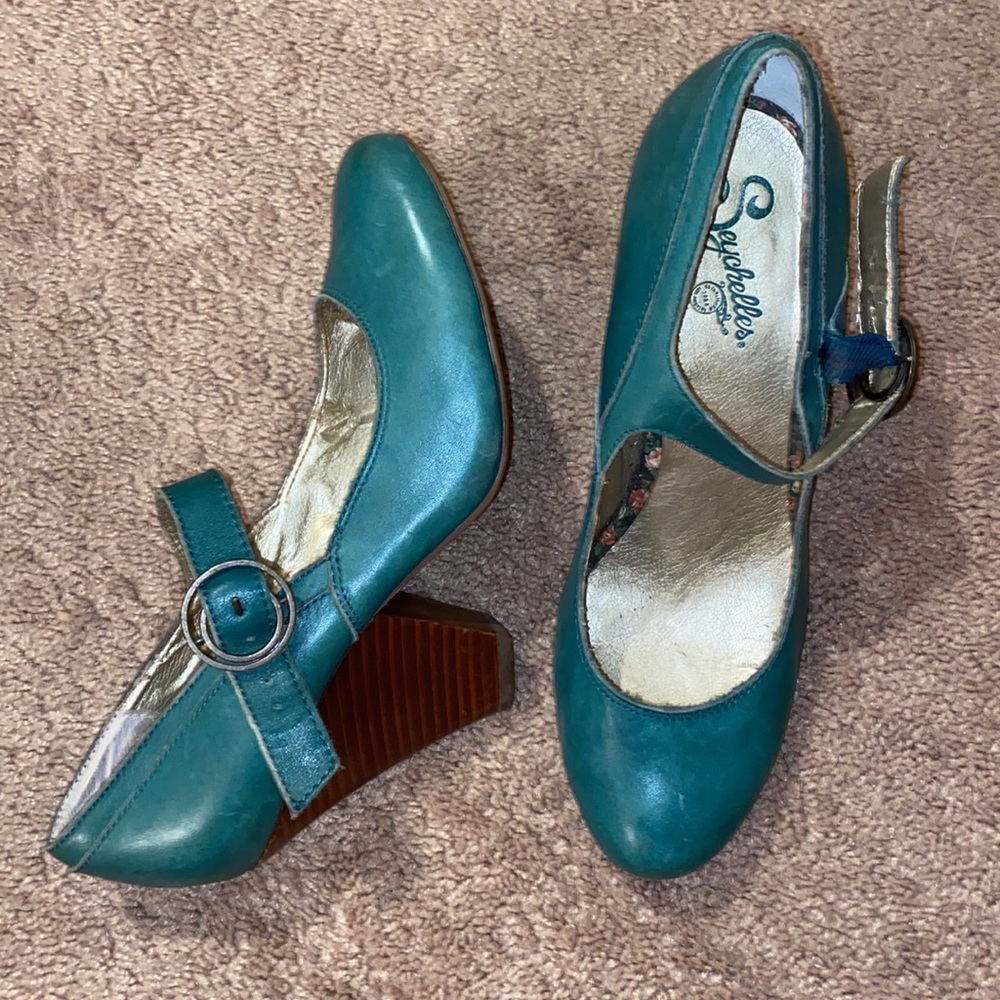 Seychelles | Turquoise Leather Maryjane Heels | size 9 - Picture 6 of 8